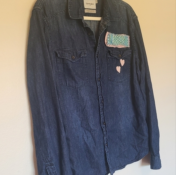 Goodfellow & Co. Denim Cotton Button Down Long Sleeve Shirt with Heart Patches - Picture 3 of 9